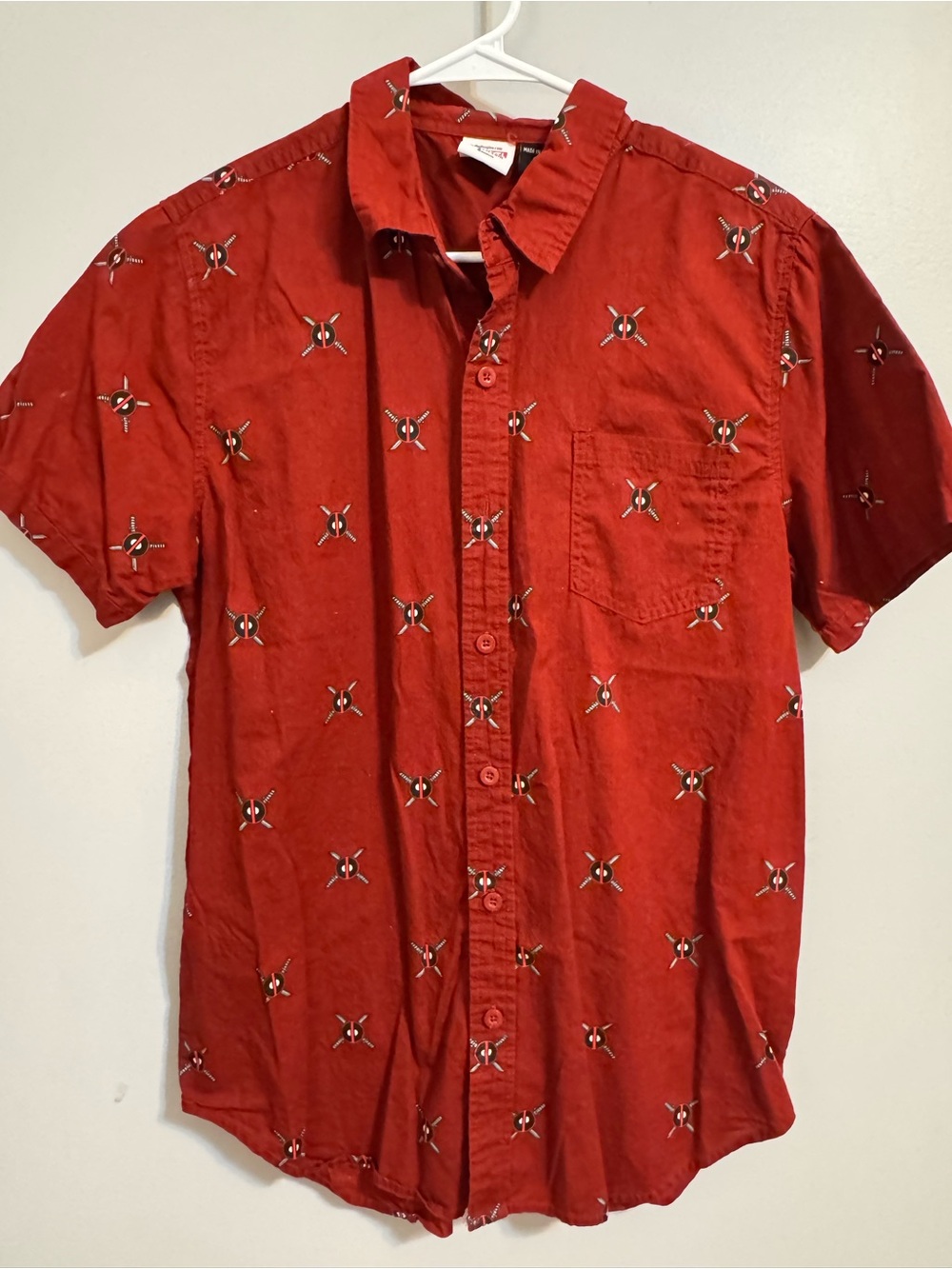 Marvel Deadpool Button Front Shirt Red Graphic Print Size Medium